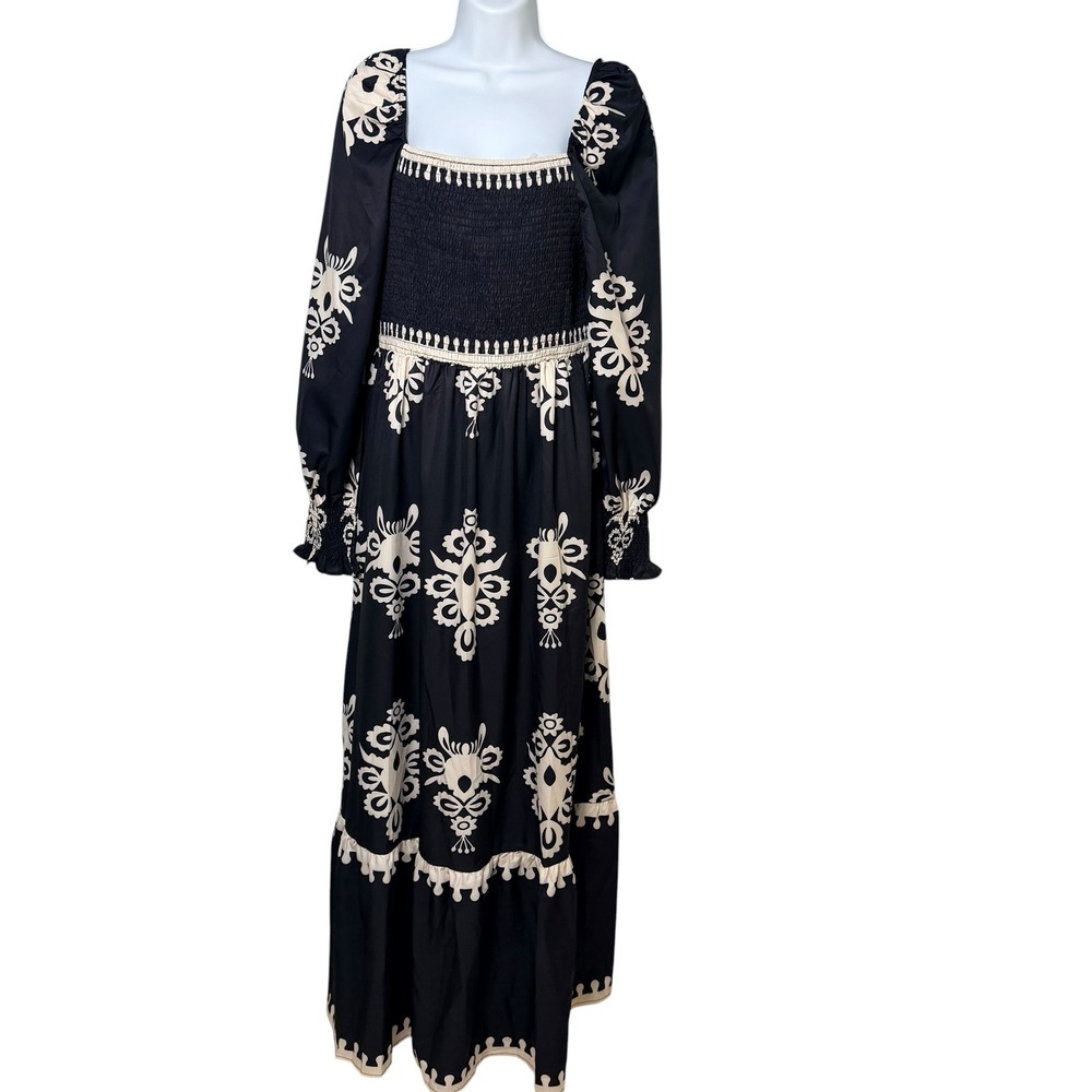 Womens Black Cream Damask Smocked Maxi Dress Long Sleeve Boho Peasant Size L